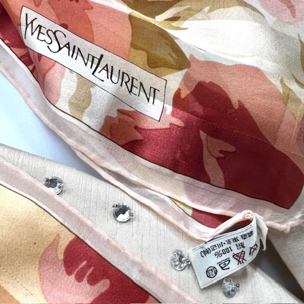 Yves Saint Laurent Scarf Chiffon/Satin Lg 34" 100% Silk light pink Floral (31 - Picture 10 of 13